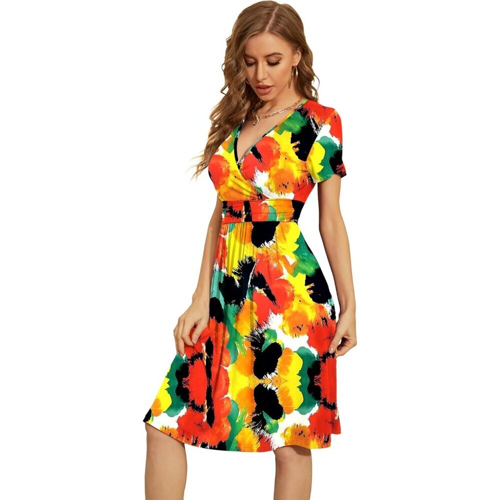 Women Abstract Short Sleeve V-Neck Floral Stretchy Party Dress with Pockets - Picture 3 of 5